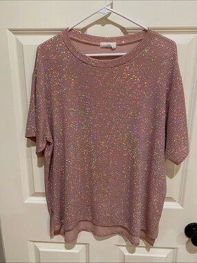 Glitter Knit Short-Sleeve Top in Dusty Rose